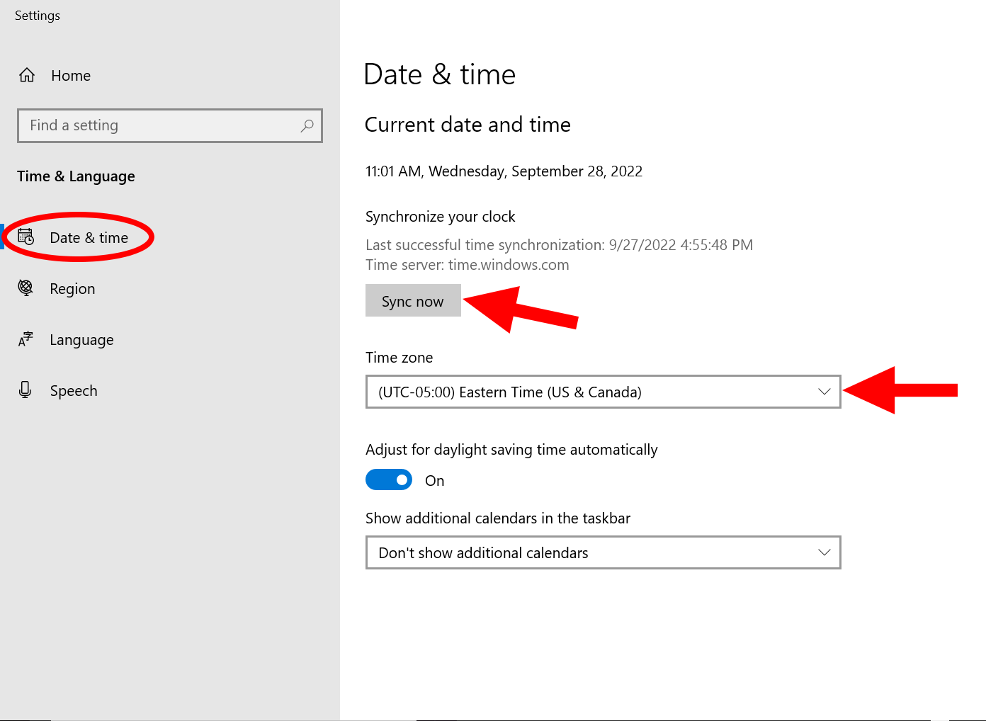 10. date and time settings red arrows