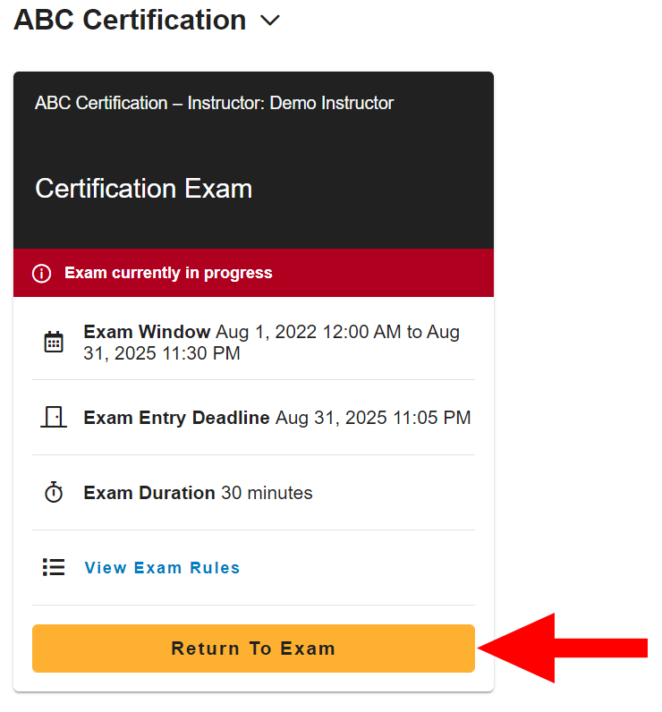 26. Return To Exam Card with arrow